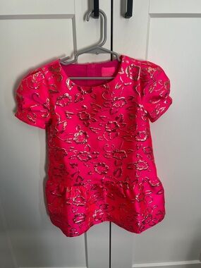 Lilly Pulitzer Erina Dress Girls Bright Pink Dress with Gold Floral Jacquard 5T